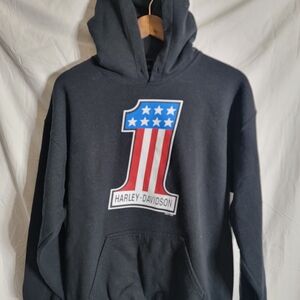 Harley-Davidson Black Hoodie with Red, White, and Blue Logo